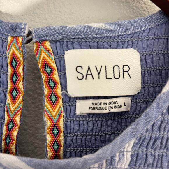 Saylor Large Zinnia Smocked Mini Dress Ikat Indigo Blue Small Flutter Sleeve - Picture 4 of 9